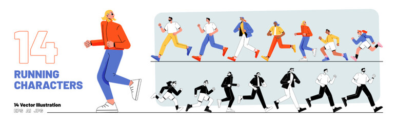 Fototapeta na wymiar Running characters set people run in line. Adults and children jogging, sports marathon, exercising, healthy lifestyle, hurry at work or school, Line art flat vector color and monochrome Illustration
