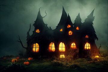 Fototapeta na wymiar Digital art of a castle in a foggy Halloween night.