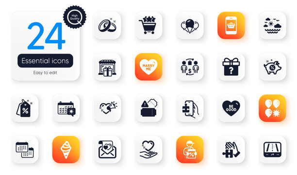 Set of Holidays flat icons. Tickets, Ice cream and Gps elements for web application. Secret gift, Hold heart, Puzzle icons. Smartphone buying, Love message, Piggy sale elements. Vector