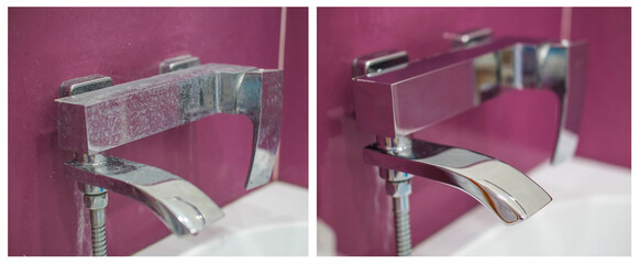 Mixer before and after applying the cleaning agent. Dirty with a coating and a clean faucet. Collage
