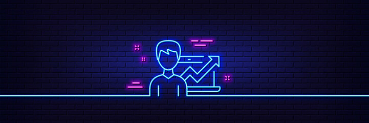 Neon light glow effect. Business results line icon. Growth chart sign. 3d line neon glow icon. Brick wall banner. Success Business outline. Vector
