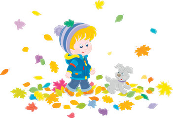 Little boy and his merry pup walking on colorful fallen leaves around a park on a beautiful autumn day, vector cartoon illustration isolated on a white background