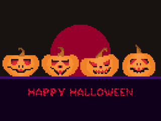 Pixel art Happy Halloween with pixelated pumpkins with carved faces. 8 bit Halloween pumpkins and red sun on background. Design for greeting cards, posters and banners. Vector illustration