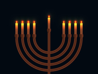 Happy Hanukkah. Menorah with nine candles is a symbol of the Jewish holiday. Light from menorah candles on a black background. Design for greeting card, banner and poster. Vector illustration