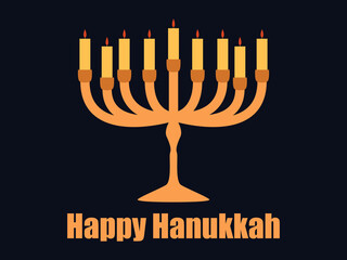 Happy Hanukkah. Menorah with nine candles is a symbol of the Jewish holiday. Golden menorah isolated on black background. Design for greeting card, banner and poster. Vector illustration