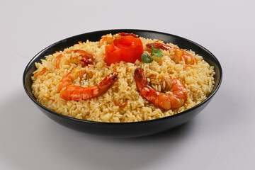 Kachchi Biriyani, chicken biriyani, prawn biriyani, Dhaka style biriyani, plain polau cooked by aromatic rice or chinigura rice isolated on white background.