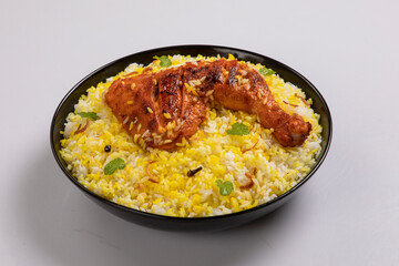 Kachchi Biriyani, chicken biriyani, prawn biriyani, Dhaka style biriyani, plain polau cooked by aromatic rice or chinigura rice isolated on white background.