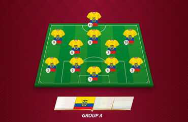Football field with Ecuador team lineup for European competition.