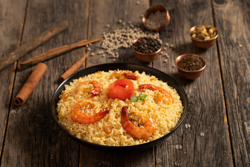 Kachchi Biriyani, chicken biriyani, prawn biriyani, Dhaka style biriyani, plain polau cooked by aromatic rice or chinigura rice isolated on white background.