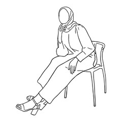 Line art minimal of muslim woman hijab sitting on chair in hand drawn concept for decoration, doodle style