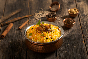 Kachchi Biriyani, chicken biriyani, prawn biriyani, Dhaka style biriyani, plain polau cooked by aromatic rice or chinigura rice isolated on white background.