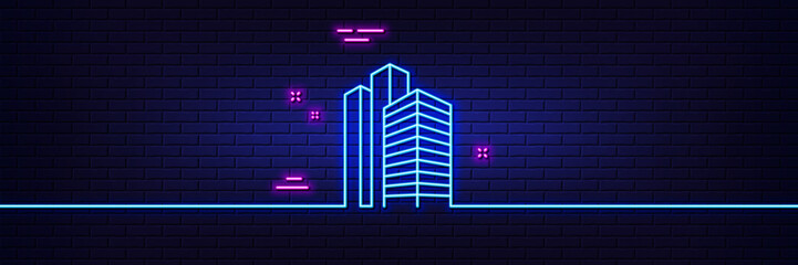 Neon light glow effect. Skyscraper buildings line icon. City architecture sign. Town symbol. 3d line neon glow icon. Brick wall banner. Skyscraper buildings outline. Vector © blankstock