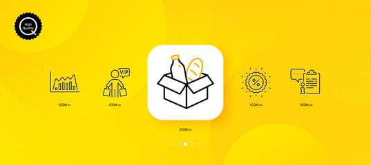 Fototapeta na wymiar Food donation, Discount and Vip shopping minimal line icons. Yellow abstract background. Infographic graph, Clipboard icons. For web, application, printing. Vector