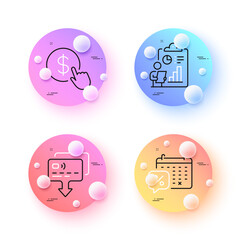 Discounts calendar, Card and Report minimal line icons. 3d spheres or balls buttons. Buy currency icons. For web, application, printing. Sale month, Send payment, Survey clipboard. Vector