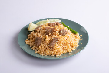 Kachchi Biriyani, chicken biriyani, prawn biriyani, Dhaka style biriyani, plain polau cooked by aromatic rice or chinigura rice isolated on white background.