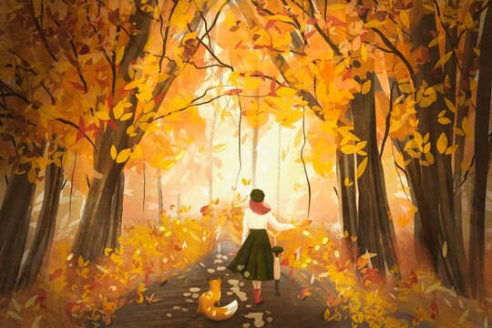 Girl and fox walking in autumn forest. Digital art.