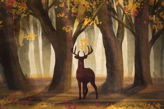 Deer in autumn forest. Digital art.