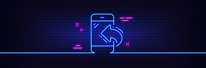 Neon light glow effect. Call center service line icon. Incoming phone call sign. Feedback symbol. 3d line neon glow icon. Brick wall banner. Incoming call outline. Vector