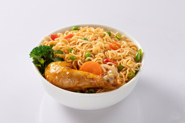 Bowl of noodles on white background