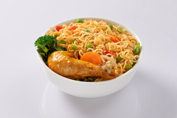 Bowl of noodles on white background