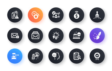 Minimal set of Contactless payment, Accounting report and Cyber attack flat icons for web development. Online access, Judge hammer, Startup icons. Good mood, Time management. Vector