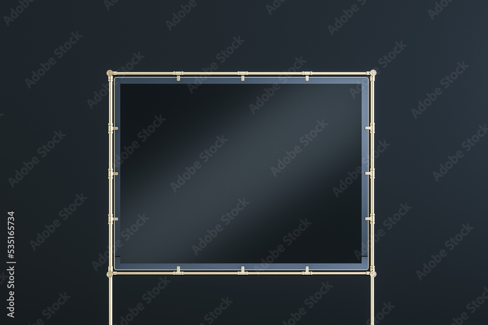 Poster Front view on blank black presentation portfolio wall with space for your logo or text in metallic frame on black background. 3D rendering, mockup