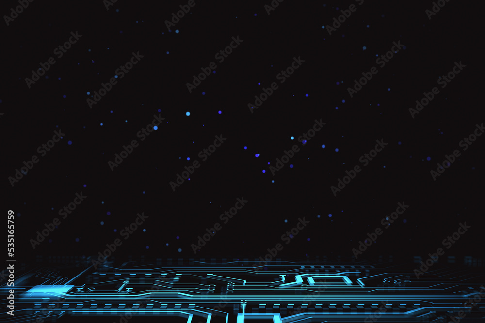 Poster Modern technological dark background with space for your logo or text, bright blue dots and digital blue part of circuit. 3D rendering, mockup