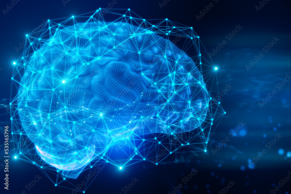 Poster AI and machine learning concept with bright blue digital human brain side view with convolutions and glowing net made by lines on abstract dark background. 3D rendering