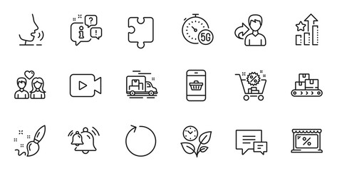 Outline set of Couple love, Shopping cart and Market line icons for web application. Talk, information, delivery truck outline icon. Vector