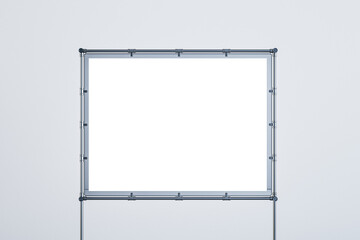 Front view on blank white presentation portfolio board with place for your logo or text in grey frame on light wall background. 3D rendering, mockup