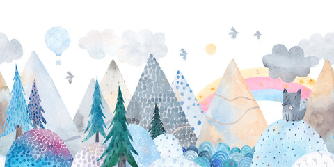 Winter landscape. Mountain landscape, hills, trail, lonely wolf, lake, balloon and clouds. Watercolor illustration. Children's poster. Seamless pattern.