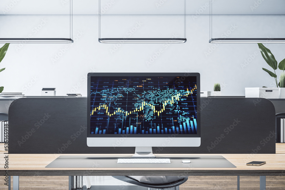 Poster coworking workplace with creative forex chart with candlestick graph, index and tech hologram on computer screen, decorative plant on office background. 