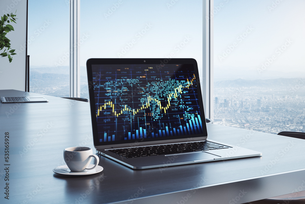 Poster workplace with creative forex chart with candlestick graph, index and tech hologram on laptop screen