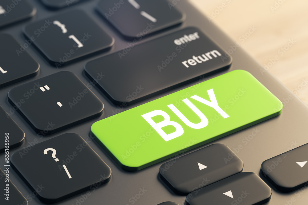 Poster close up of green buy button on black keyboard placed on blurry wooden desktop. concept. 3d renderin