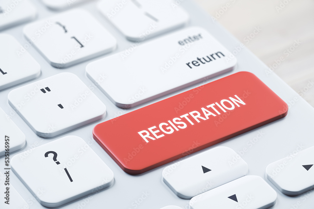 Poster Close up of red registration button on white keyboard placed on blurry wooden desktop. concept. 3D Rendering.