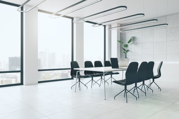 Bright concrete white meeting room interior with furniture, window with city view and decorative plants. 3D Rendering.