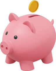 Pink piggy bank, dropping coins. PNG icon on transparent background. 3D rendering.