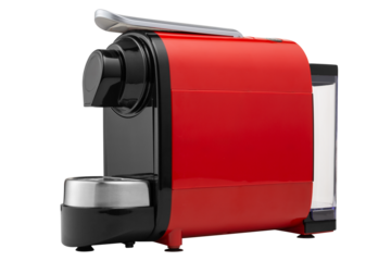 Red coffee machine with black inserts, for making capsule coffee, on a white background, diagonal arrangement, isolate