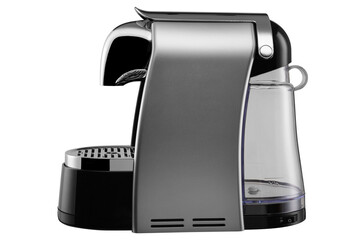 Silver gray electric capsule coffee machine, modern design, for making coffee, on a white...