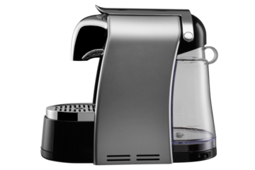 Silver gray electric capsule coffee machine, modern design, for making coffee, on a white background, isolate