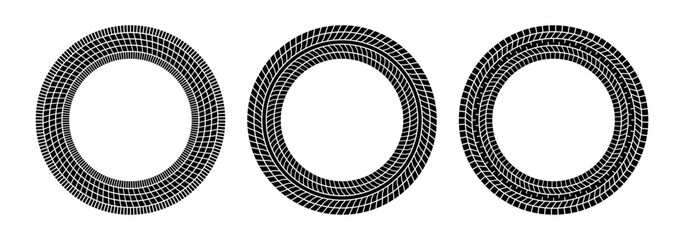 Auto tire tread circle frames set. Car and motorcycle tire pattern, wheel tyre tread track print. Black tyre round border. Vector illustration isolated on white background. © Elena Pimukova