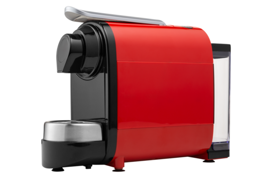 Red coffee machine with black inserts, for making capsule coffee, on a white background, diagonal arrangement, isolate