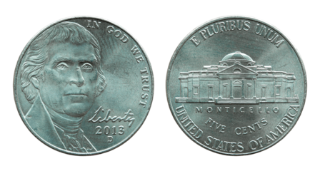 united states five cents coin isolated with clipping path