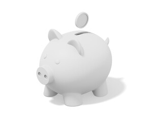 Accumulation of savings icon. 3D rendering. White piggy bank with falling coins on white background.