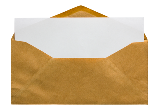 open brown envelope with blank letter isolated with clipping path for mockup