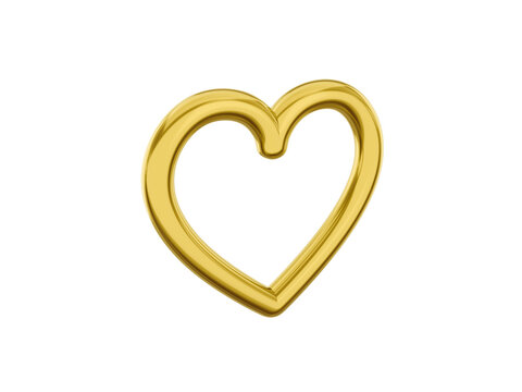 Toy metal heart. Symbol of love. Golden mono color. On a white solid background. View left side. 3d rendering.