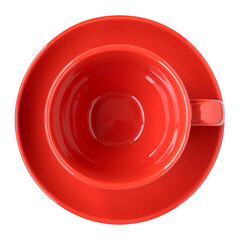 empty red cup and saucer top view isolated with clipping path for mockup