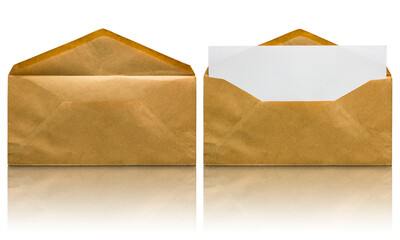 open brown envelope with blank letter isolated with reflect floor
