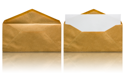 open brown envelope with blank letter isolated with reflect floor