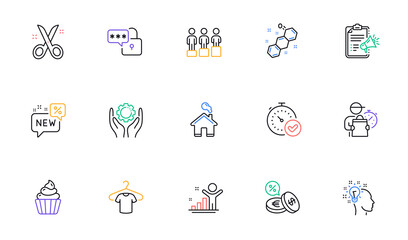 Currency exchange, Home and T-shirt line icons for website, printing. Collection of New, Scissors, Employee hand icons. Fast verification , Megaphone checklist, Delivery man web elements. Vector
